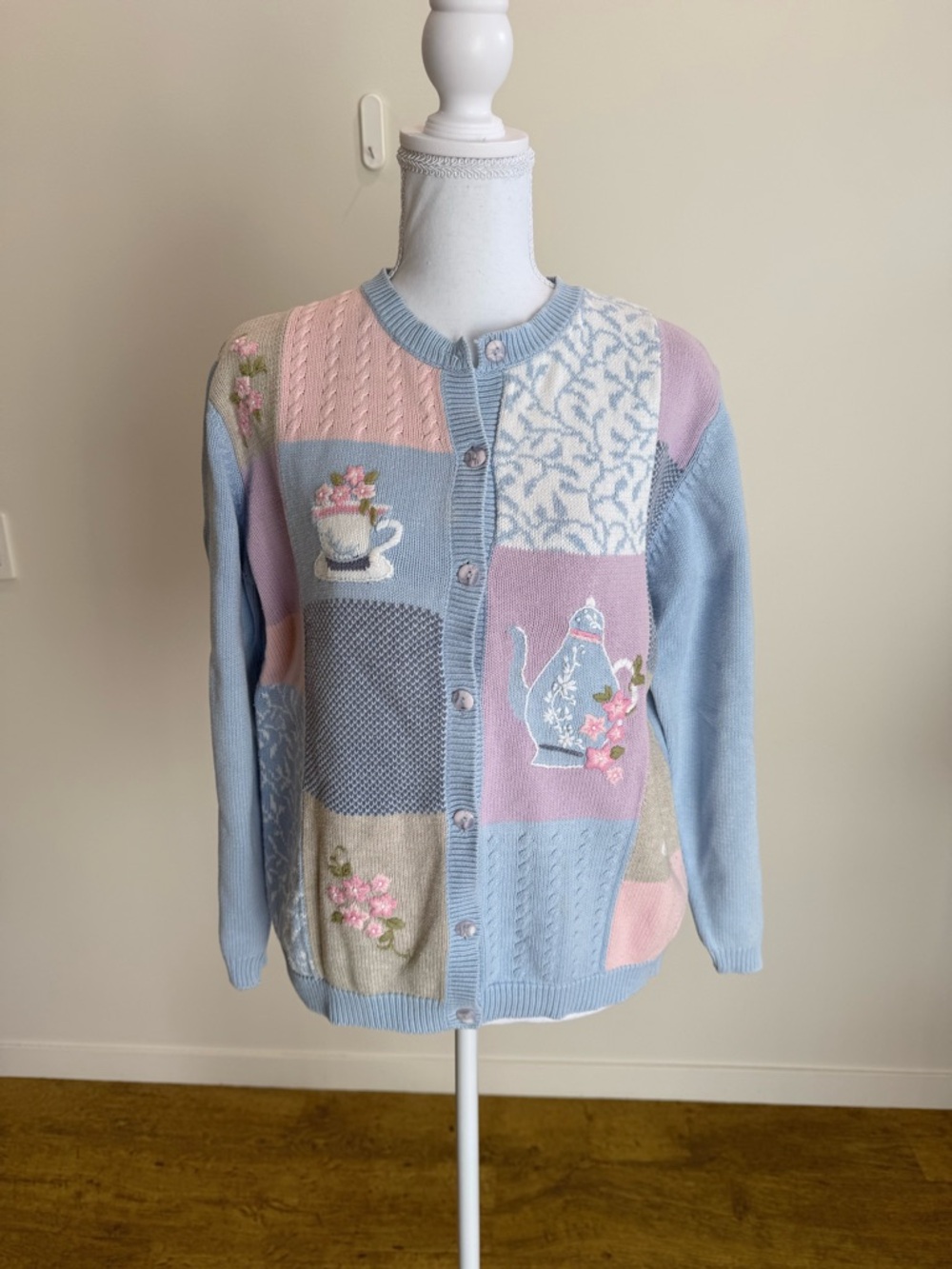 Vintage Tabi 100% Cotton Cardigan Patchwork Pastel Cottagecore Size Large
